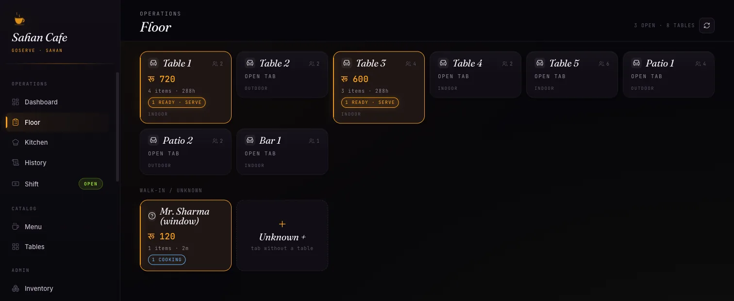 GoServe's floor view: a grid of café tables showing open tabs with running totals in rupees, ready-to-serve badges, and a separate walk-in section.