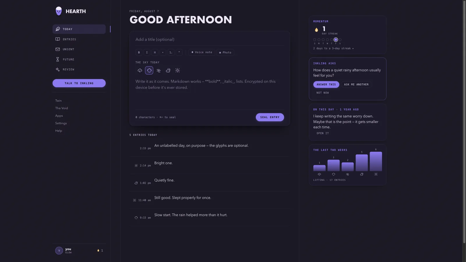 Hearth's desktop shell in its dark theme: a left nav rail, the day's composer, and a right column showing a streak, an Inkling prompt, an on-this-day entry and a two-week mood chart.