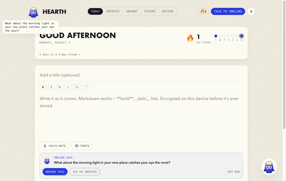 The same Today screen in Hearth's default light Daybook theme, with the Inkling mascot and a speech bubble prompting the writer.